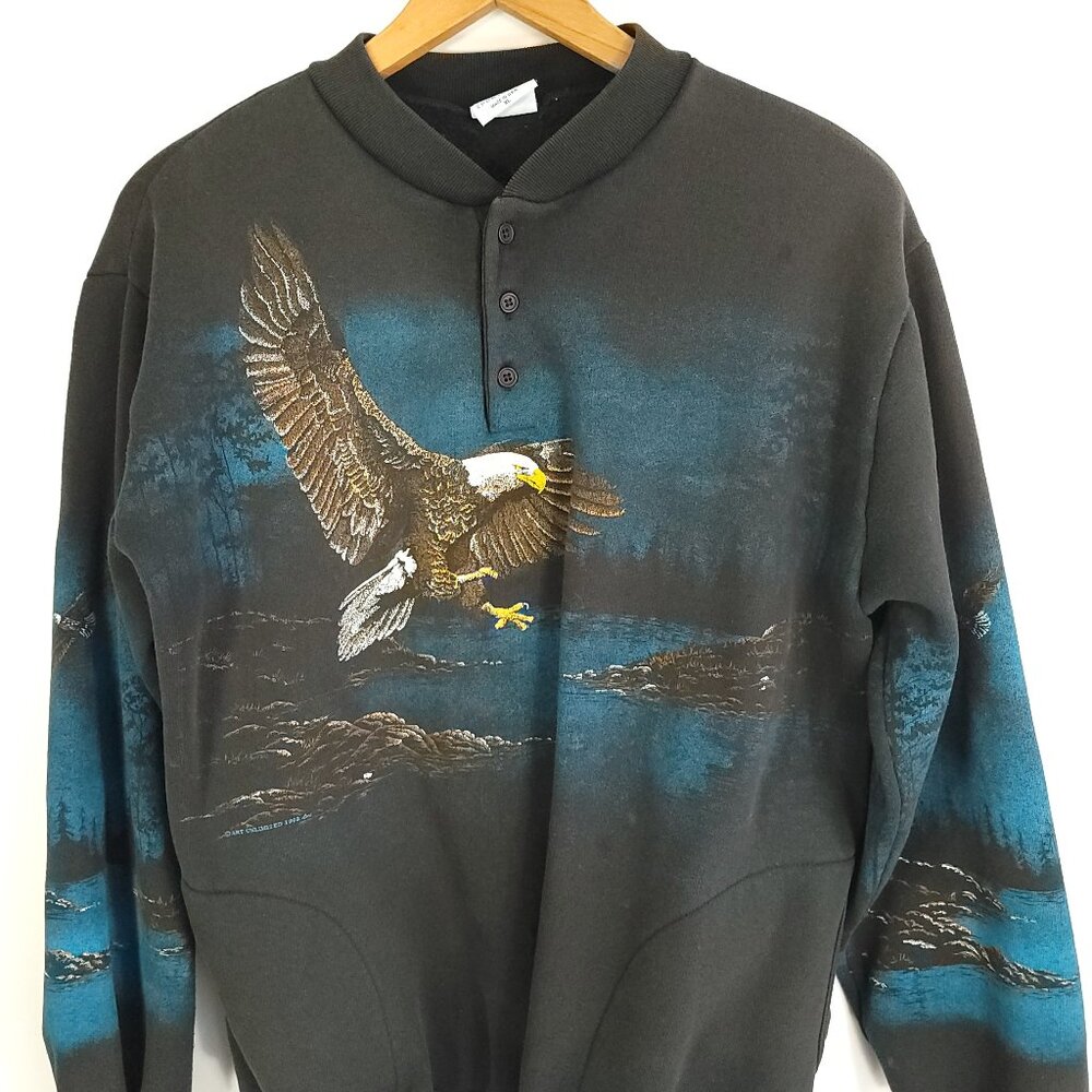 Vtg AU Sportswear Sweatshirt Mens XL Black Eagle Nature AOP Landscape Distressed